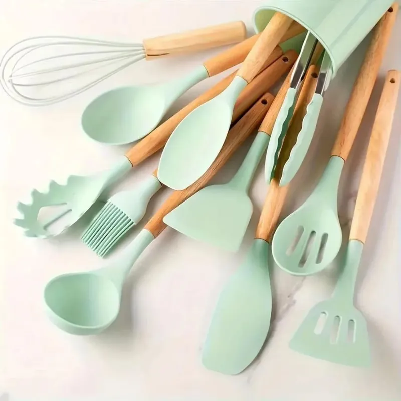 12PCS Silicone Kitchen Utensils Set with Holder - Nonstick Heat Resistant Wooden Handle Cooking Gadgets Set with Spatula Whisk Tongs & Spoon for Home Essentials