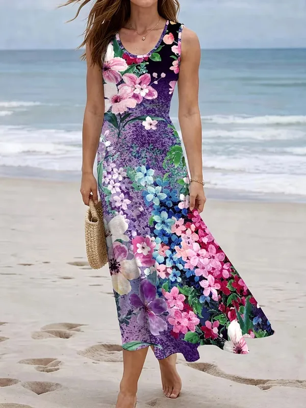 2026 New Women's Dress Fashion Floral Print New Sleeveless Design Dresses Summer Outdoor Beach Vacation Ankle Long Women's Dress