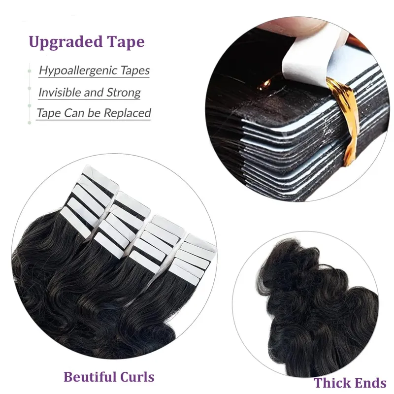 Tape In Hair Extensions Human Hair Body Wave Natural Black Real Human Hair Extensions Tape Ins 20Pcs/Pack Double Sided Tape Hair