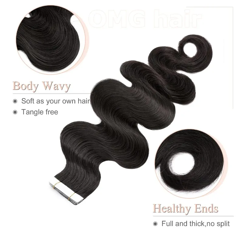 OMG Wavy Tape In Hair Extensions Human Hair 20Pcs 50G/Pack Natural Black Remy Seamless Skin Weft Invisible Double Sided Body Wave Human Hair Tape In Extensions For Women #1B Natural Black