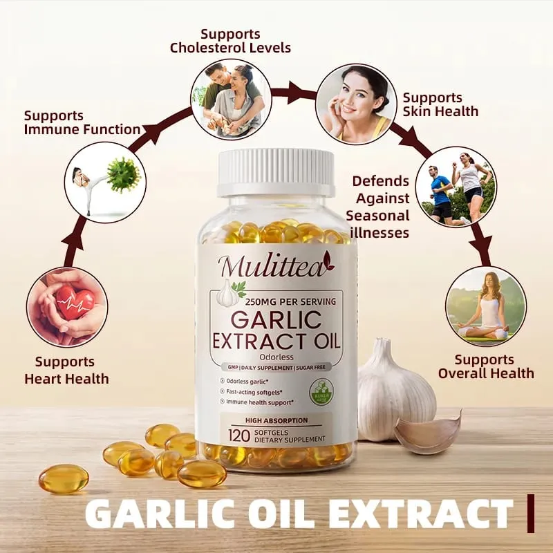 Mulittea Garlic Oil Capsules Heart Health Support Immune Support Defends Against Seasonal illnesses Supports Cholesterol Levels