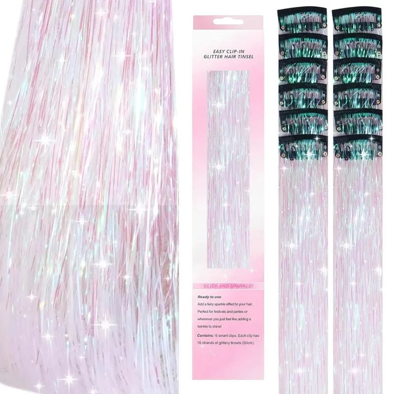 12Pcs Hair Tinsel Clip In Fashion Glitter Tinsel Synthetic Straight Hair Extensions Tinsel Kit Shiny Hair Accessories For Women