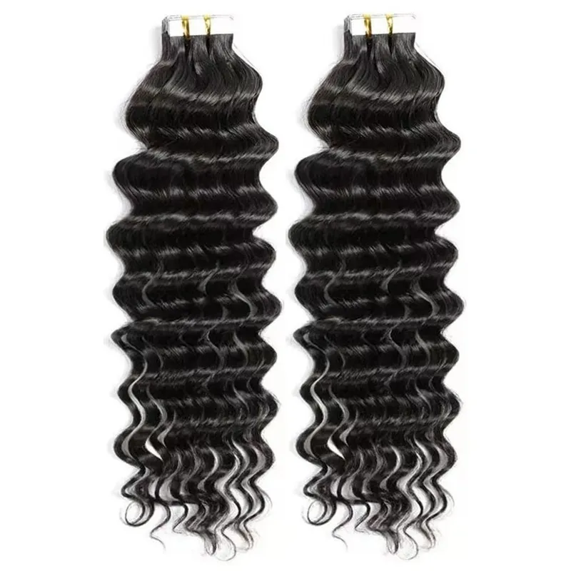 Tape In Hair Extensions Human Hair Deep Curly Tape Ins 20Pcs 50G/Pack Seamless Deep Wave Tape In Human Hair Extensions For Women