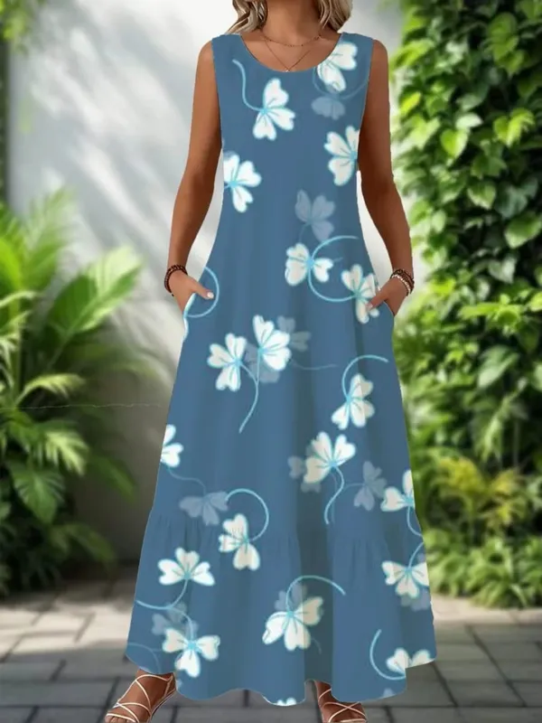2026 New Women's Dress Fashion Floral Print New Sleeveless Design Dresses Summer Outdoor Beach Vacation Ankle Long Women's Dress