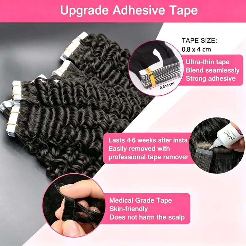 Cinta de onda profunda en extensiones de cabello, cabello humano, trama de piel, Invisible sin fisuras, extensiones de cabello con Clip y cinta, 20 piezas, 50 g/paquete