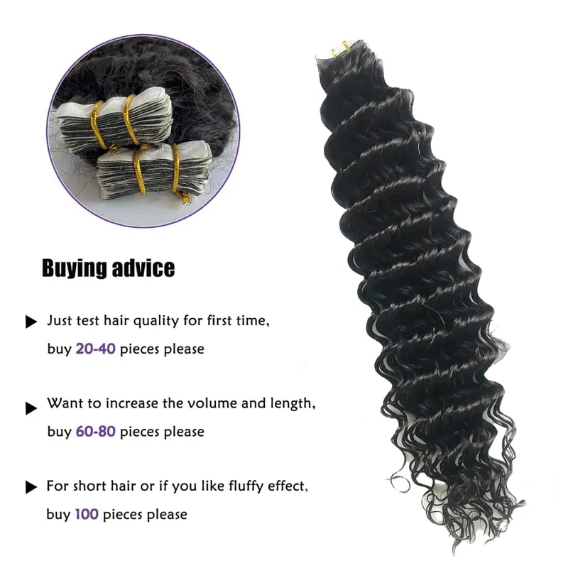 Deep Curly Tape in Human Hair Extensions Curly Wave Brazilské lepidlo na lidské vlasy Remy Hair Kůže Weft Bezešvá neviditelná páska In