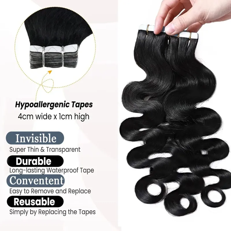 26 Inch Wavy Tape in Body Wave Tape in Hair Extensions 100% Human Hair Seamless Natural Black Hair Extension Full Head #1B
