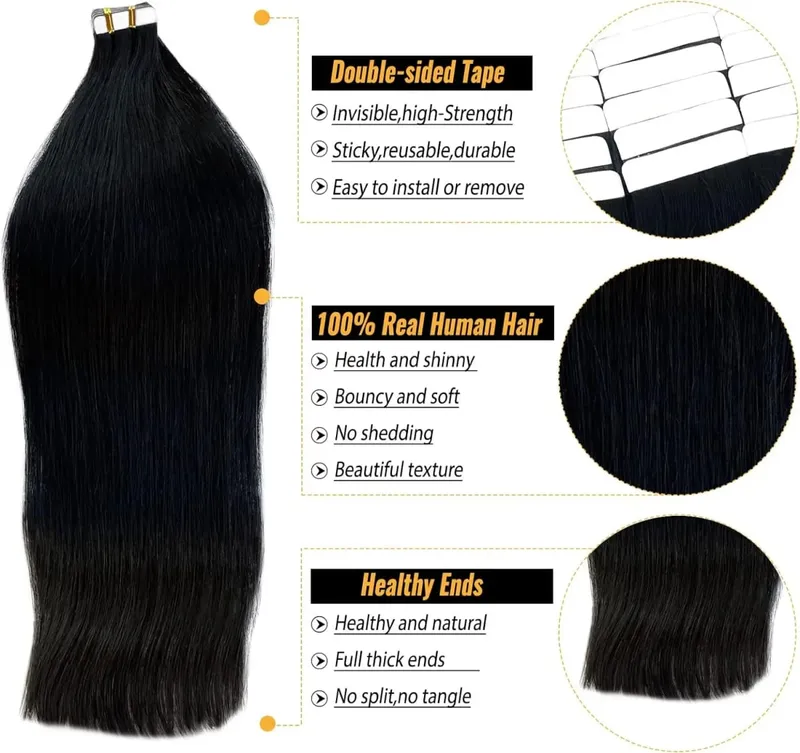 Straight Tape In Hair Extensions Adhesive Invisible Seamless 100% Human Hair 20pcs/50g Replaceable Glue Tape ins Natural Black