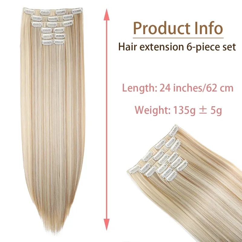 6-Piece Set 24-Inch Synthetic Clip-On Hair Extensions Straight Hair Removable Lightweight Synthetic Wig Women's Exclusive