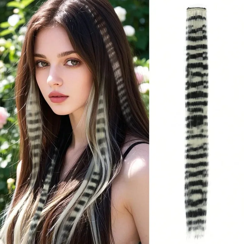1pc/2pcs/3pcs/4pcs/6pcs/8pcs18" Long Straight Zebra Print Synthetic Feather clip in Hair Extensions Ideal Halloween Christmas