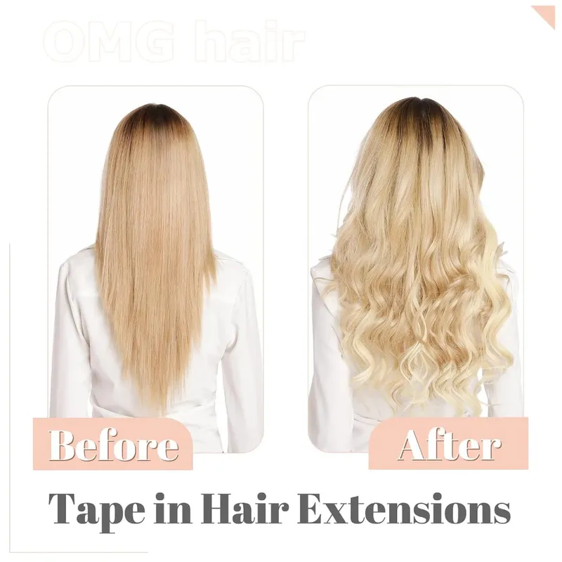 OMG Wavy Tape In Hair Extensions Human Hair 20Pcs 50G/Pack Natural Black Remy Seamless Skin Weft Invisible Double Sided Body Wave Human Hair Tape In Extensions For Women #1B Natural Black