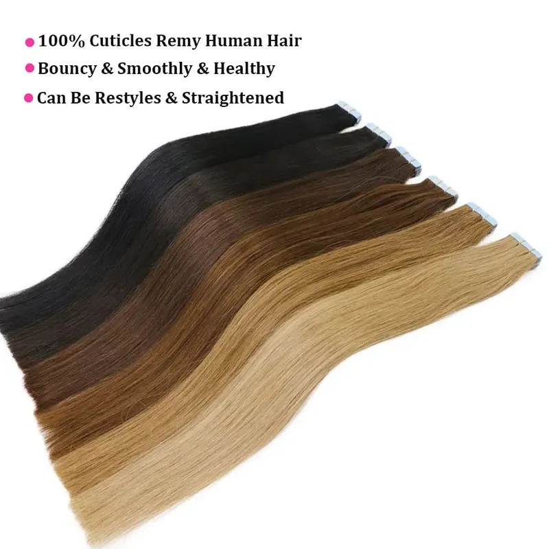 Straight Adhesive Replac Tape In Hair Extensions Skin Weft Brazilian Hair 100% Remy Human Hair Extensions Brown Natural Color