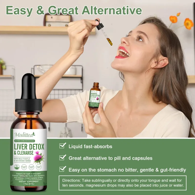 Mulittea Liver Health Gouttes avec chardon-Marie et artichaut - 60 ml Mélange d'herbes avec silymarine pissenlit curcuma et berbérine pour le nettoyage du foie, réparation détox et soutien quotidien