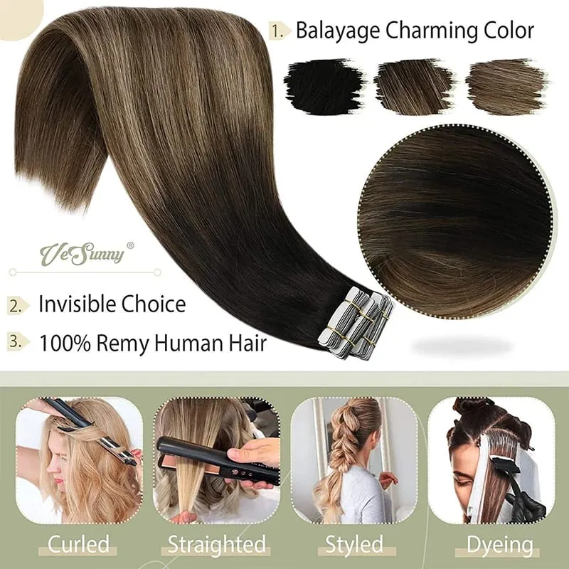 [Low Price] VeSunny Tape In Human Hair Extensions Human Hair Black Caramel Blonde Straight Hair 18 inches
