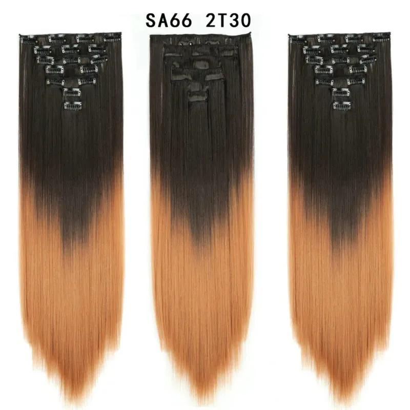 22 Polegada 16 clipes longos e retos extensões de cabelo sintético clipes em fibra de alta temperatura preto marrom ombre hairpiece budabuda