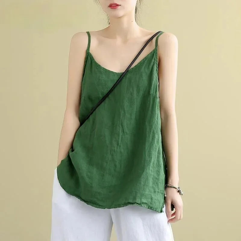 女款夏季上衣棉麻細肩帶上衣女式掛脖 V 領基本款黃色無袖背心寬鬆休閒吊帶背心