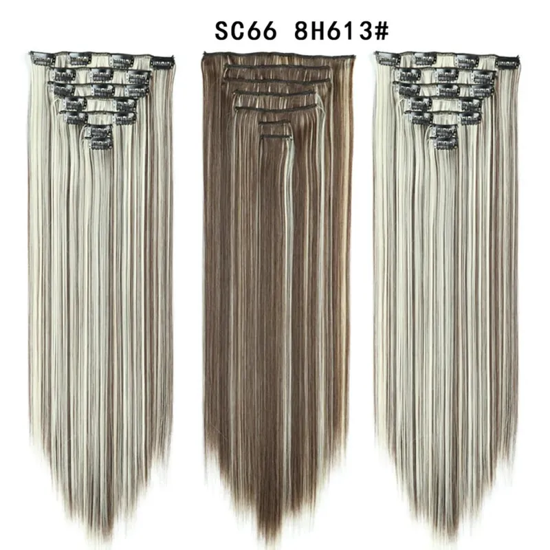 22Inch Synthetic Long Straight Clip In Hair Extensions 16 Clips For Women Fake False Hair Pieces Ombre Black Blonde Styling Hair