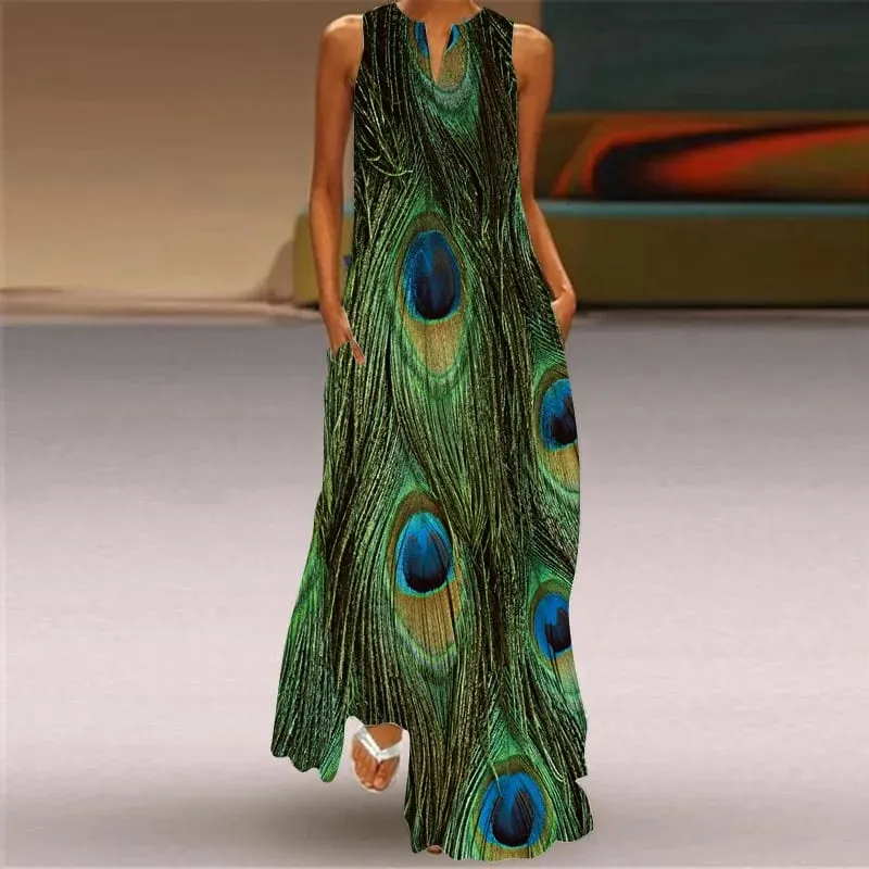 Sexy V-neck Sleeveless Dress For Women Summer Fashion Sundress Retro Print Long Dresses With Pocket Maxi Dress Femme Vestidos