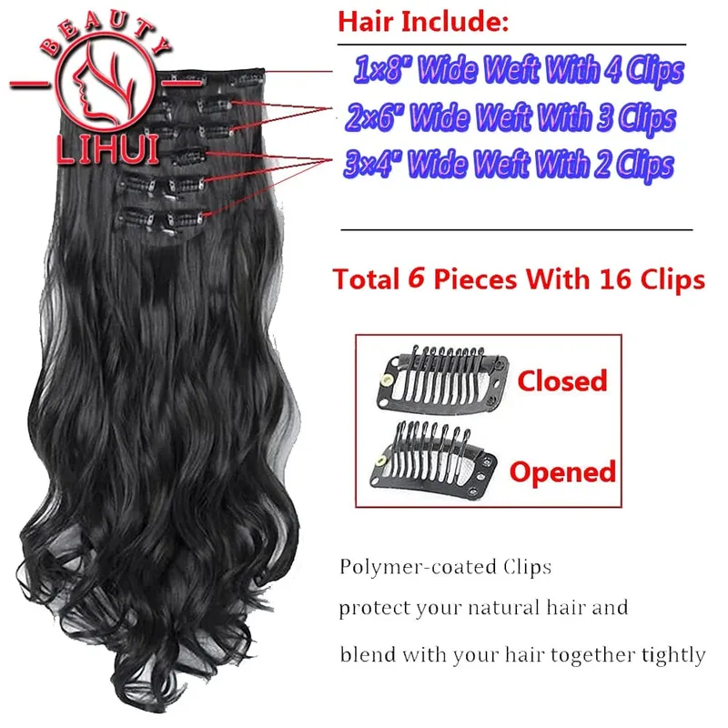 16 Klip Dalam Sambungan Rambut Wanita Sambungan Rambut Gelombang Asli 6 Keping/Set Potongan Rambut Sintetik Potongan Rambut Tahan Panas 20 Inci