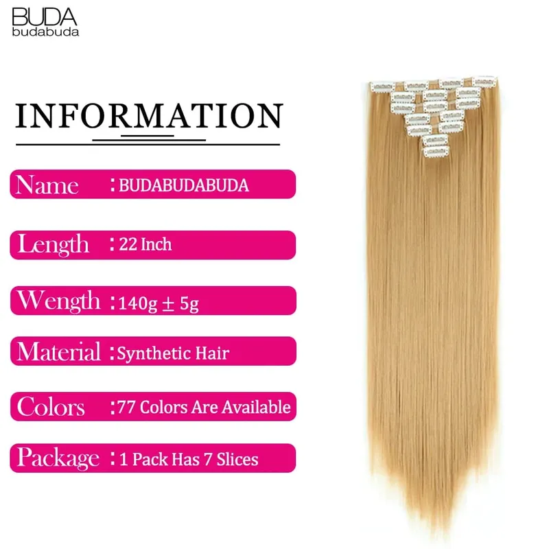 16 clipes longos e retos sintéticos, extensões de cabelo, fibra natural de alta temperatura, loiro, preto, marrom, budabuda