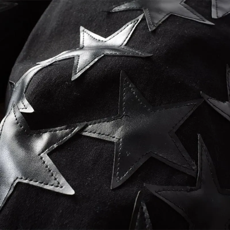 Panlalaking Leather Stars Patch Jeans Black Stretch Denim Pencil Pants Slim Skinny Patchwork Pantalon — image 5
