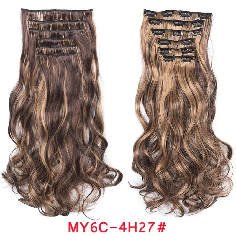 Long Wavy Hair Extensions Synthetic Clip In Hair Extensions Ombre Honey Blonde Dark Brown Thick Hairpieces 6pcs/set 20 Inch