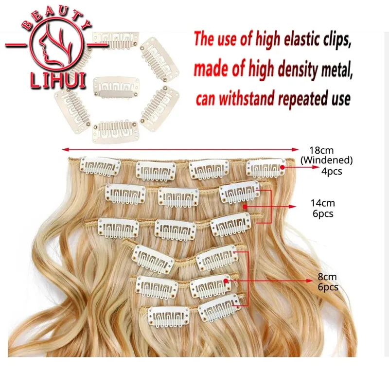 Long Wavy Hair Extensions Synthetic Clip In Hair Extensions Ombre Honey Blonde Dark Brown Thick Hairpieces 6pcs/set 20 Inch