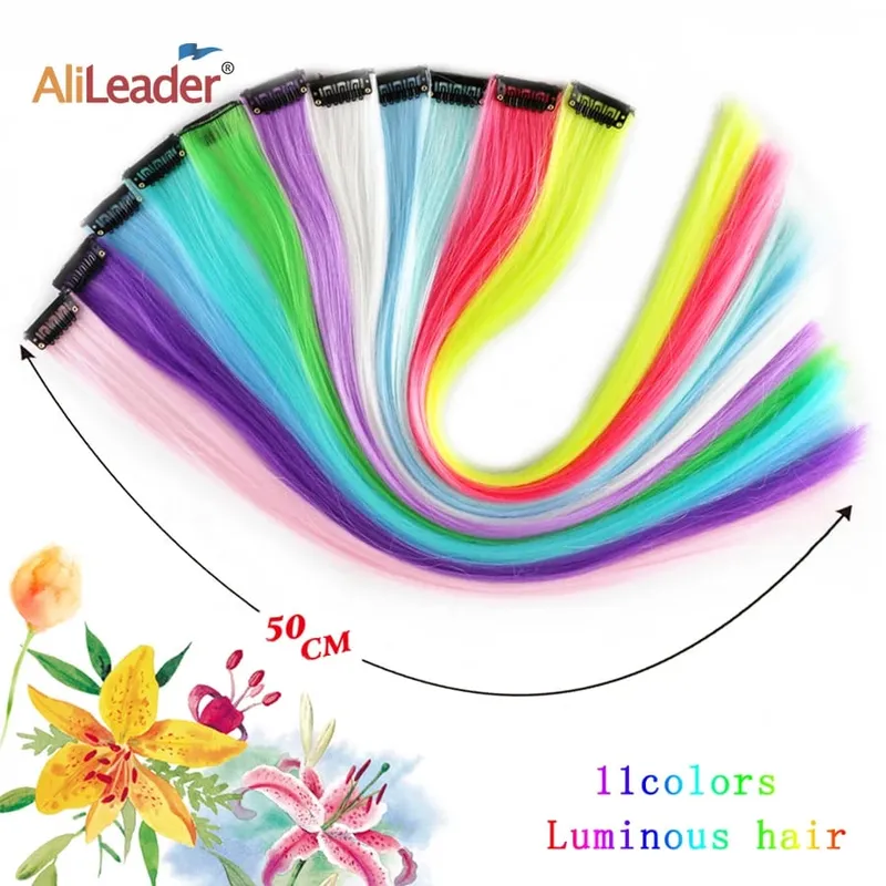Extensión de cabello sintético con Clip para mujer, postizo falso fluorescente de una pieza con Clip brillante, 20 pulgadas, 11 colores