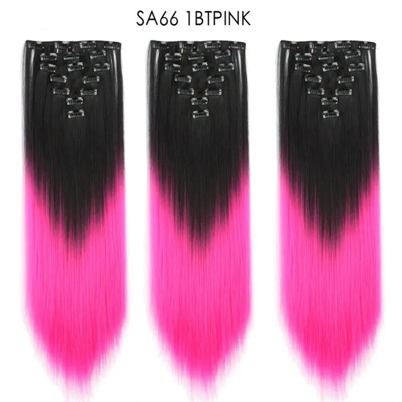 22 Polegada 16 clipes longos e retos extensões de cabelo sintético clipes em fibra de alta temperatura preto marrom ombre hairpiece budabuda
