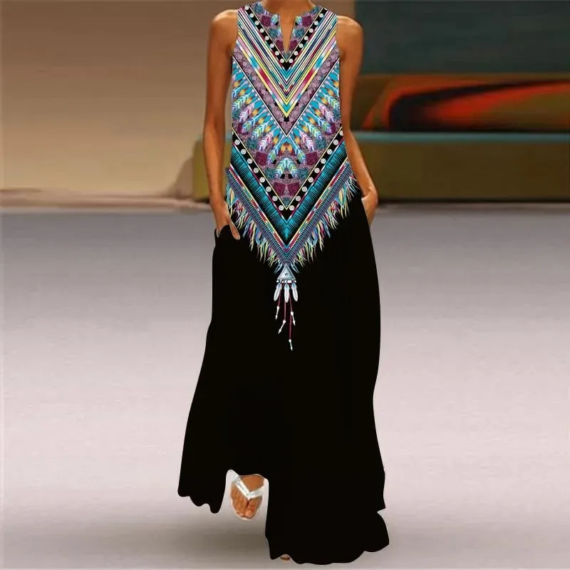 Sexy V-neck Sleeveless Dress For Women Summer Fashion Sundress Retro Print Long Dresses With Pocket Maxi Dress Femme Vestidos