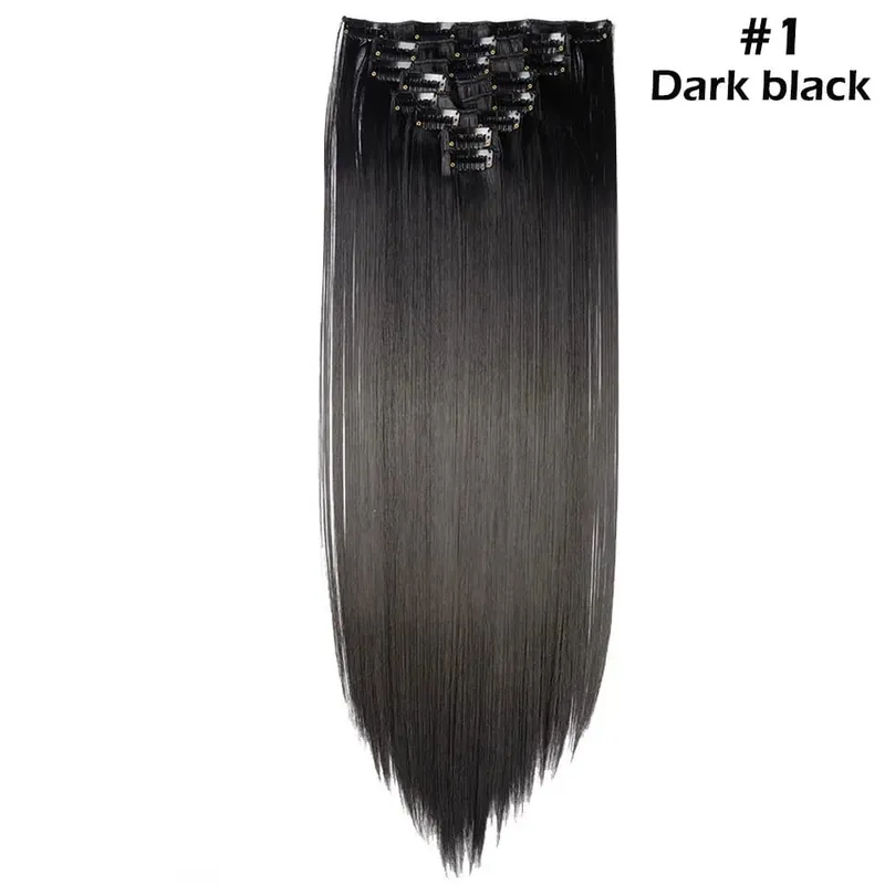 S-noilite Syntetisk 8 Stk/SÆT 24 tommer Clip In One Piece Hårforlængelse Lang Lige Bølget 53 Farve Sort Blond Clip Hårstykke