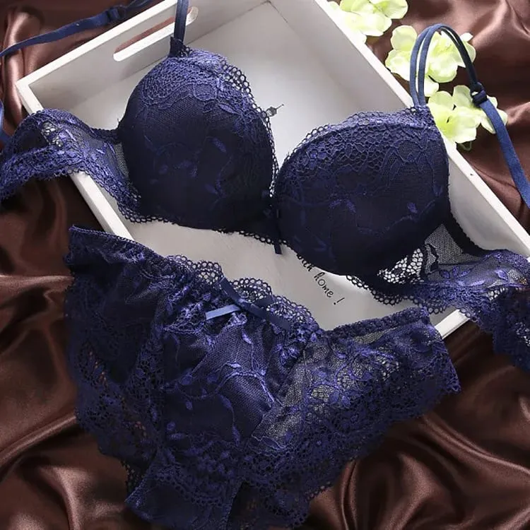 European Style Sexy Bra Set Women Cotton Underwear Sexy Lace Panties Female Push Up Brassiere Fashion Solid Color Lingerie Set