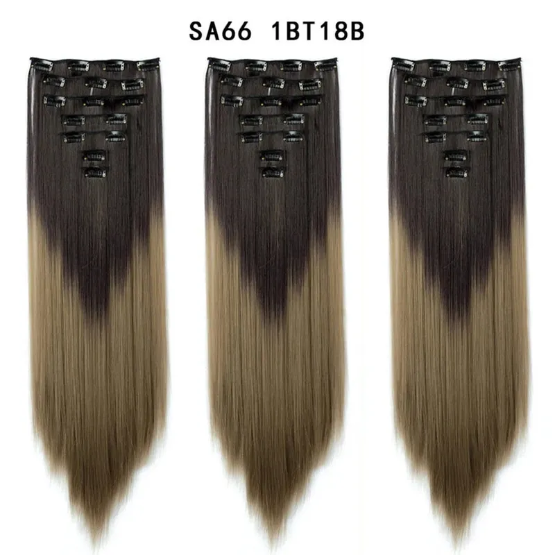 22Inch Synthetic Long Straight Clip In Hair Extensions 16 Clips For Women Fake False Hair Pieces Ombre Black Blonde Styling Hair