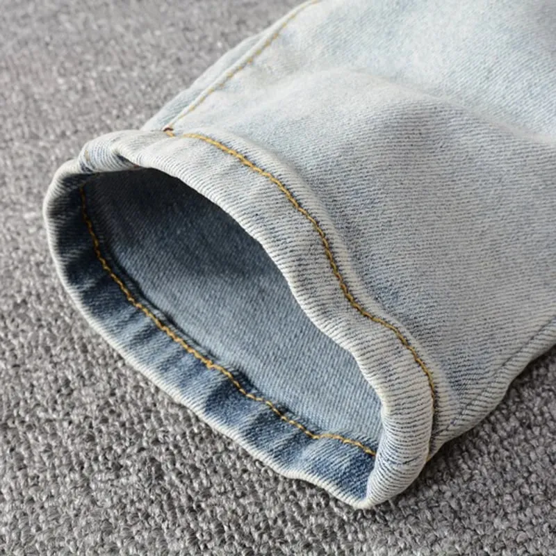 Männer Kristall Löcher Ripped Patchwork Jeans Streetwear Hellblau Denim Dünne Dünne Bleistift Hosen Hosen