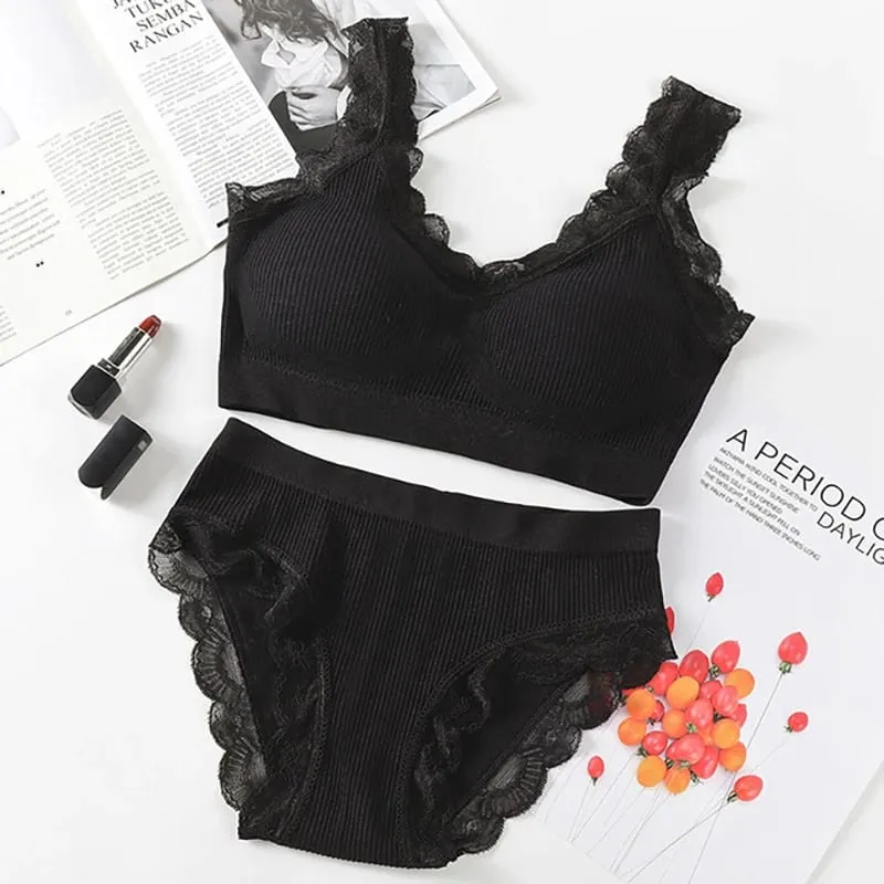 Set di lingerie sexy in pizzo Set di reggiseno imbottito senza anello in acciaio Intimo da donna solido Reggiseno comodo top corto per fitness