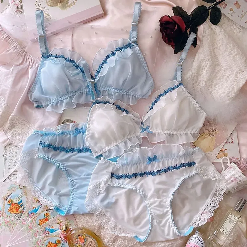 Japanskt underklädesset Lolita BH och trosa Fairy Sweet Lace Petal Sexig Tunn Pure Desire Wire Gratis Triangel Cup BH Set Girl