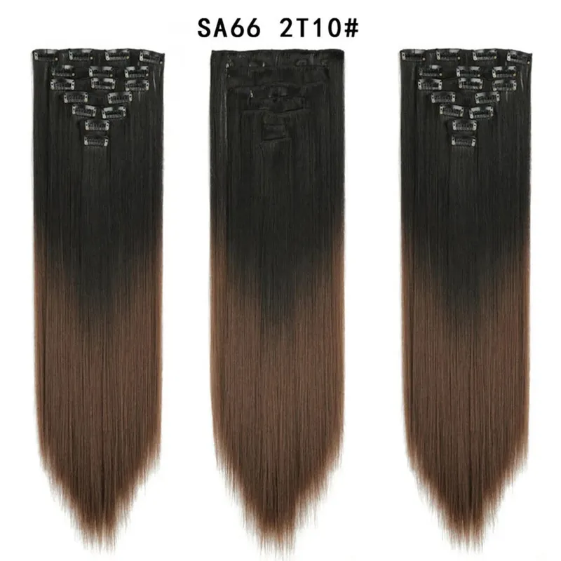 22 Polegada 16 clipes longos e retos extensões de cabelo sintético clipes em fibra de alta temperatura preto marrom ombre hairpiece budabuda