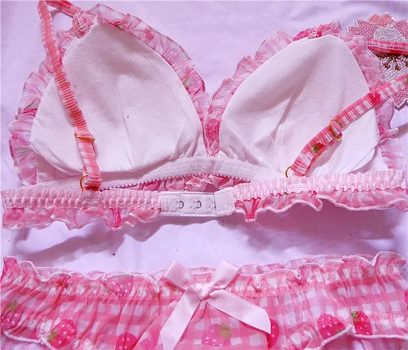 Cute Japanese Bras Briefs Underwear Set Lolita Girl Pink Plaid Flower Mesh Sexy Strawberry Print Bra & Panties Lingerie Set