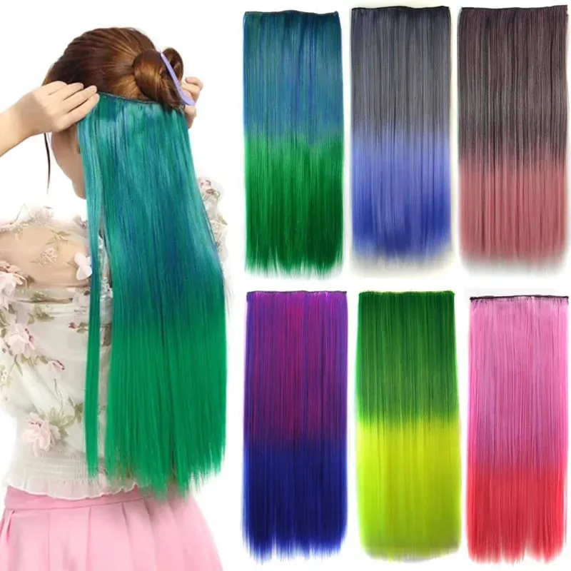 Jeedou Cosplay Hairpiece Straight One Piece With 5Clips Clip In Hair Extensions for Women Synthetic Ombre Color Halloween
