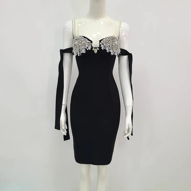 Mini robe à bandes noire, Sexy, dos nu, perles, diamants, cristal, moulante, élégante, robe de soirée, nouvelle collection été 2021
