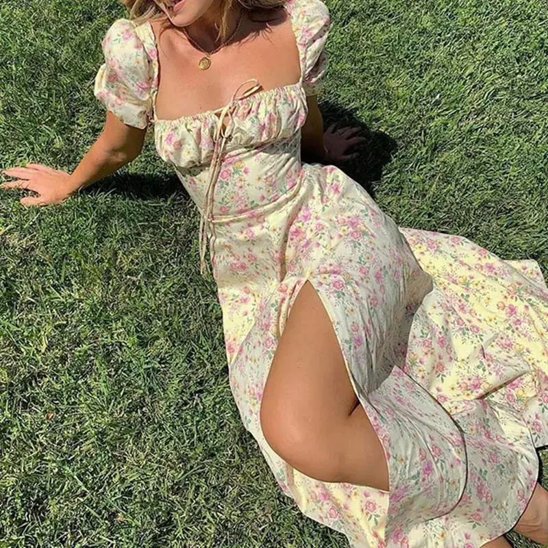 Women Floral Print Split Dress Sweet Puff Short Sleeve Square Collar Slim Fit Maxi Dress Holiday Summer Casual Sexy A-Line Dress