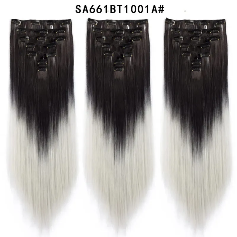 22 Polegada 16 clipes longos e retos extensões de cabelo sintético clipes em fibra de alta temperatura preto marrom ombre hairpiece budabuda