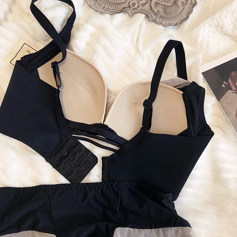 75-90 BC Cup Women Bra And Panties Set Seamless Underwear Chiffon Smooth Contrast Color Female Wire Free Push Up Sexy Lingerie