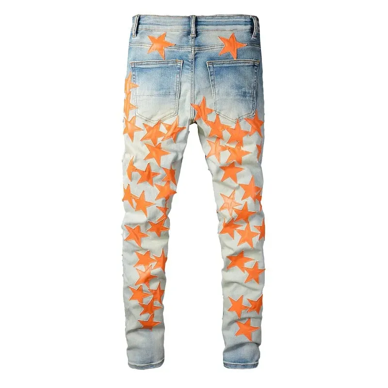 Män Läder Stars Patches Jeans Streetwear Slim Skinny Stretch Denim Pencil Byxor Hål Ripped Patchwork Avsmalnande byxor
