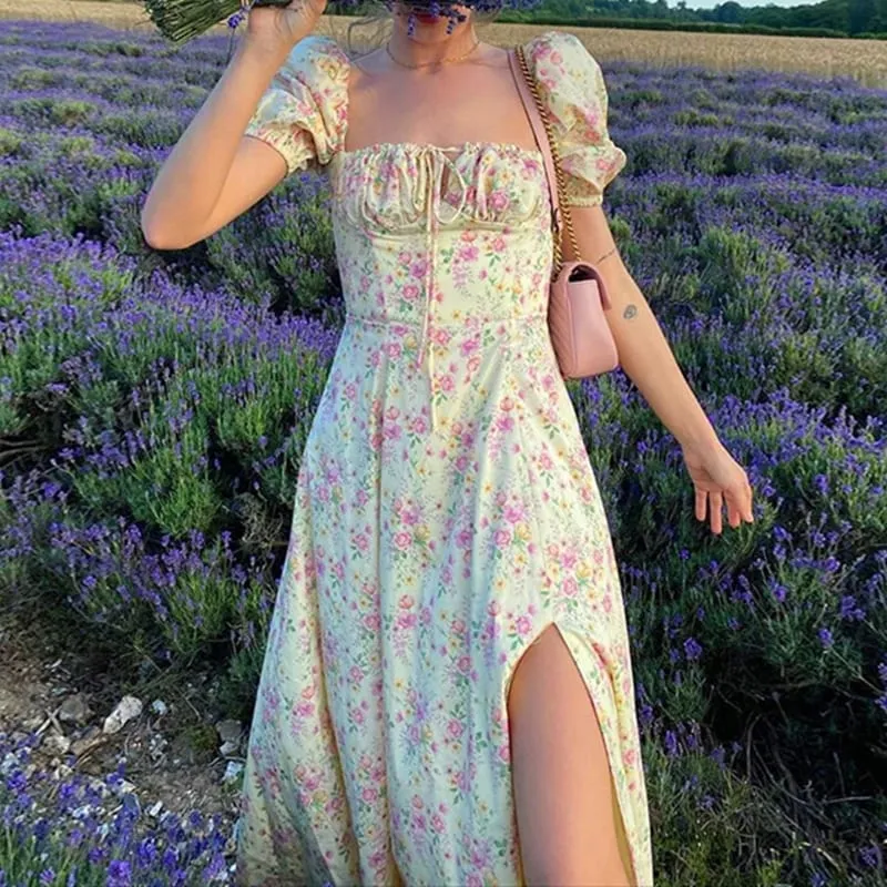 Women Floral Print Split Dress Sweet Puff Short Sleeve Square Collar Slim Fit Maxi Dress Holiday Summer Casual Sexy A-Line Dress