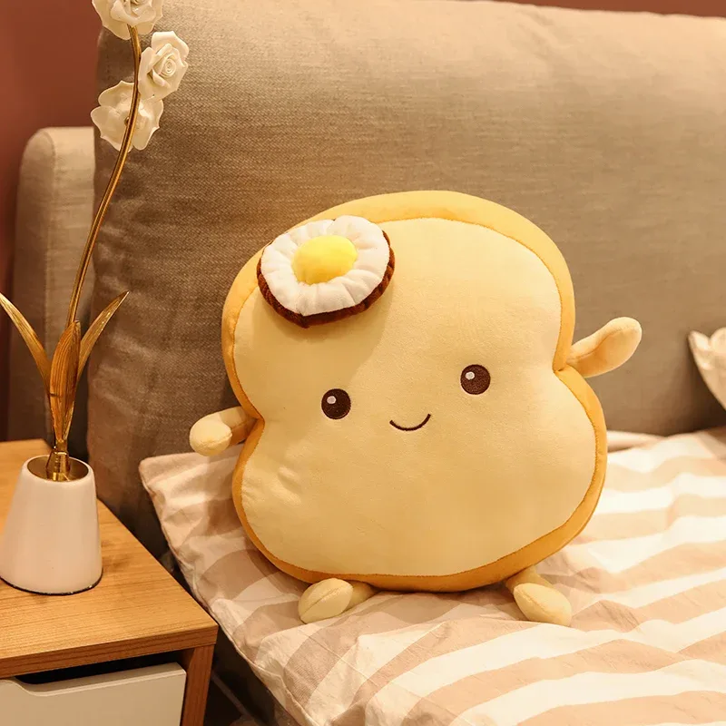 Almohada de felpa con forma de huevo frito de 25/35cm, almohada de pan tostado, peluche de comida marrón quemada sonriente, cojín de apoyo para la espalda, decoración, regalo tranquilizador