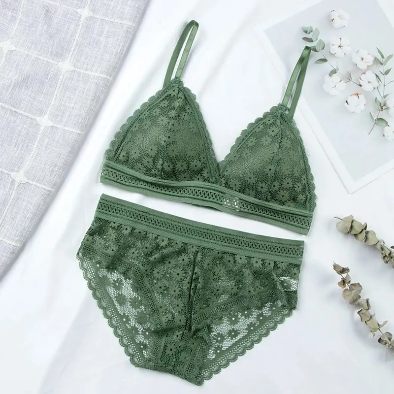 Women Floral Lace Bras Suit Solid Underwear Padded Breathable Vest With Briefs Sexy Hollow Out Bralette Thin Lingerie One Size
