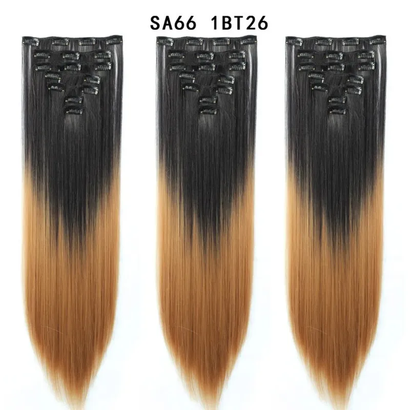 22 Polegada 16 clipes longos e retos extensões de cabelo sintético clipes em fibra de alta temperatura preto marrom ombre hairpiece budabuda