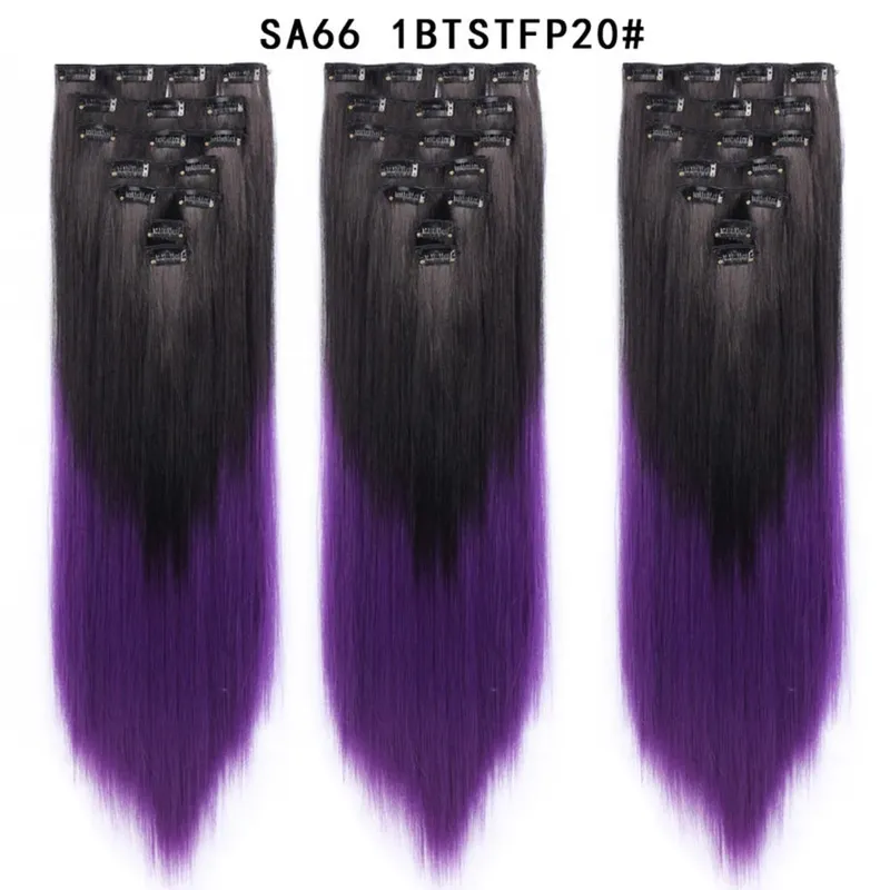 22 Polegada 16 clipes longos e retos extensões de cabelo sintético clipes em fibra de alta temperatura preto marrom ombre hairpiece budabuda
