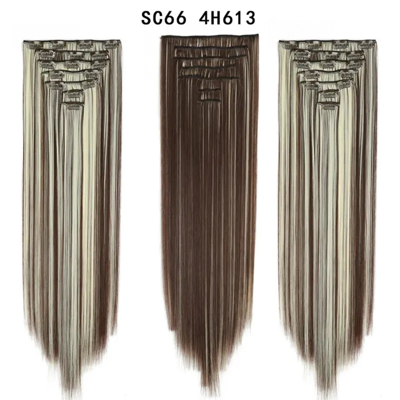 22 Polegada 16 clipes longos e retos extensões de cabelo sintético clipes em fibra de alta temperatura preto marrom ombre hairpiece budabuda
